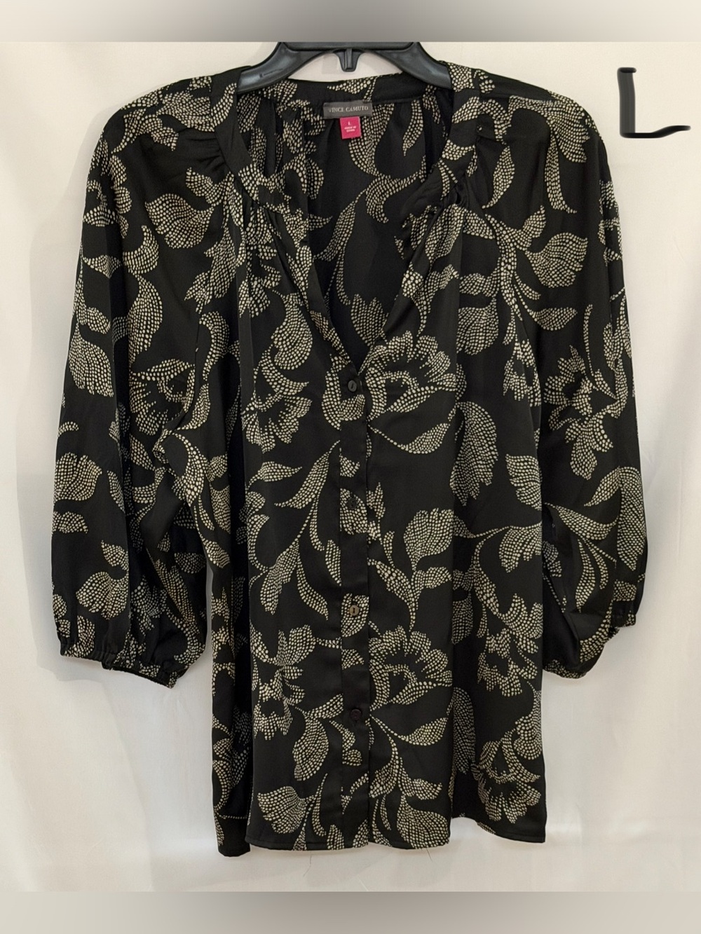 Vince Camuto Black Dress with Cream Leaf Motif, Long Sleeve